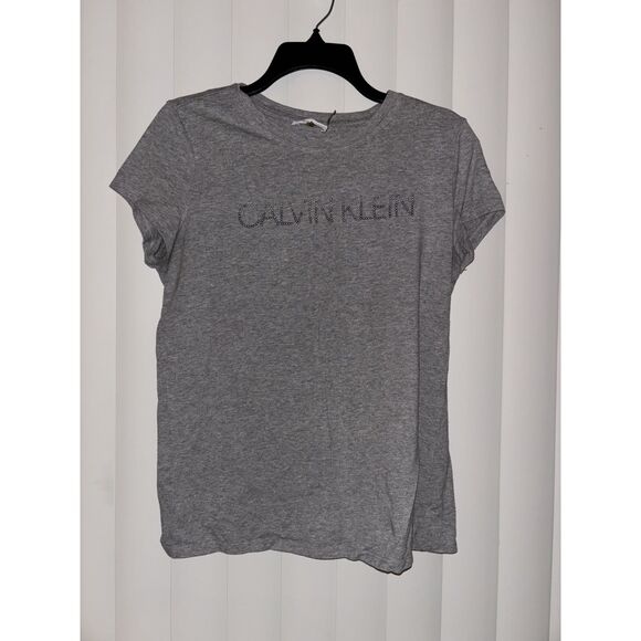 Calvin Klein Grey Short Sleeve T-Shirt with Rhinestone Logo - Picture 1 of 2